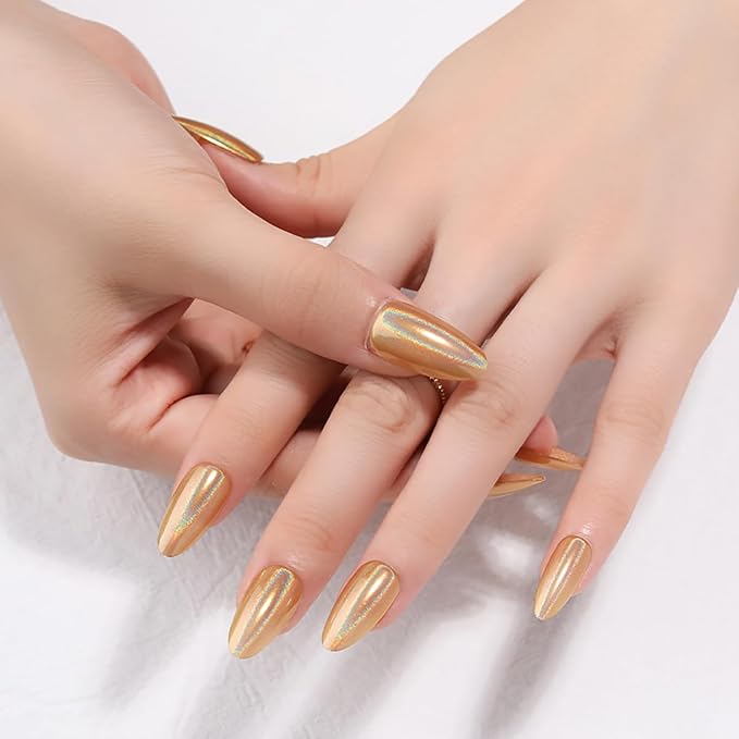 XZMeiLun 24Pcs Gold Holographic Acrylic Press on Nails Short Almond - Reusable Fake Nails with Nail Glue Kit, Long Lasting Chameleon Static Nails for Women Daily Wear & Parties (Glossy Laser Design)