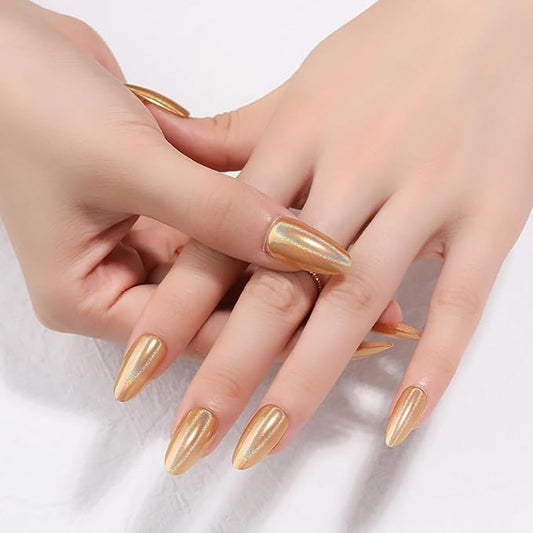 XZMeiLun 24Pcs Gold Holographic Acrylic Press on Nails Short Almond - Reusable Fake Nails with Nail Glue Kit, Long Lasting Chameleon Static Nails for Women Daily Wear & Parties (Glossy Laser Design)