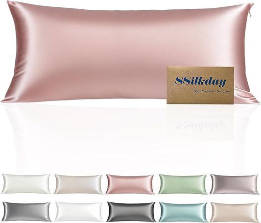 Mulberry Silk Body Pillow Pillowcase with Zipper, Ultra Smooth Soft Breathable Cooling Pillow Cases for Hot Sleepers, Silk Satin Body Pillow Cover for Hair and Skin (Pink, 20×54 Inches, 1 Pack)