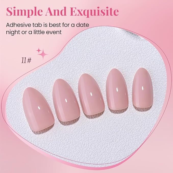 evpct Glossy Press on Nails Short Almond Short for Women, Nuetral Pink Fake Nail with Kits Salon Quality Reusable Stick on Nails In 15 Sizes 30Pcs Full Cover False Nail Soft Gel Set Kit for Gift, 11