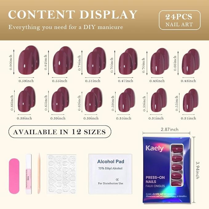 evpct Dark Red Medium Oval Glossy Press on Nails for Women Gift, Glossy Dark Red Fake Nail with Nail Kit Manicure Kit, Soft Gel Full Cover Reusable Stick on Soft Acrylic False Nails Perfectly Fit