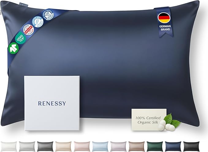 RENESSY Premium Silk Pillowcase 100% Organic Mulberry Silk, 22 Momme, Grade 6A - Oeko-Tex Certified in Germany - Luxury for Hair & Skin, 1 Piece (Queen Size 20x30 Inches, Navy Blue)
