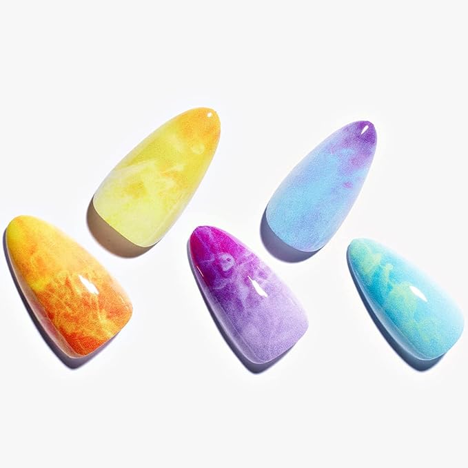 GLAMERMAID Press on Nails Medium Almond, Colorful Ombre French Tip Gel Glue on Nail, Glossy Short Stiletto Reusable UV Finish Fake Nails Acrylic False Nails Manicure Kits for Women