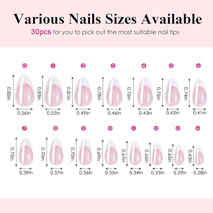 Canvalite French Tip Press On Nails Short, Chrome Almond Press on Nails Reusable Acrylic Fake Nails with Glue & Glue Remover Easy to Use 30Pcs Manicure Kit for Women, Natural White