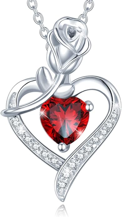 AGVANA Christmas Gifts Rosy Reverie Birthstone Necklace for Women Sterling Silver Genuine or Created Gemstone Rose Flower Heart Pendant Necklace Anniversary Birthday Gifts for Women Mom Wife Her