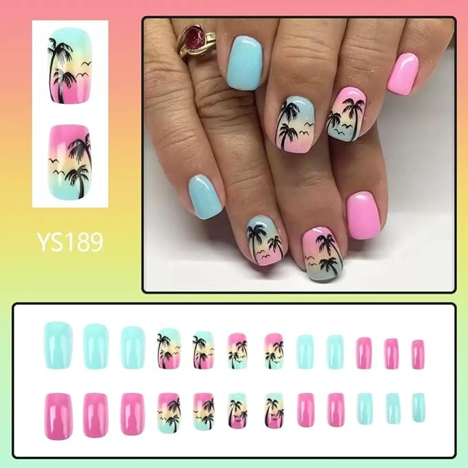 CTTHNBD Press on Nails Short - Square Fake Nails with Coconut Tree Design - Pink Blue False Nails Press ons - for Women Summer Manicure 24 Pcs
