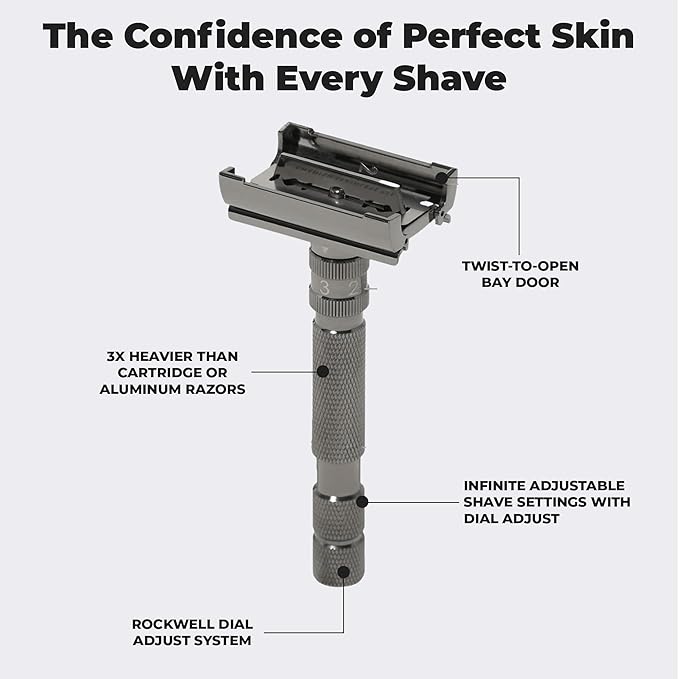 Rockwell T2 | Twist-To-Open (TTO) Double-Edge Safety Razor | Full Metal | Includes 5 Fully Recyclable Stainless Steel Blades (Gunmetal Chrome)