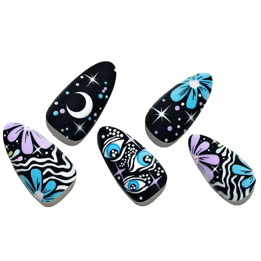 GLAMERMAID Black Press on Nail Medium Almond, Emo Jelly Gel Fake Nail, Gloss Natural Glue on Nail Short Oval with Gothic Eye Desgin, Reusable Acrylic Stiletto Stick on False Nail Kit for Women