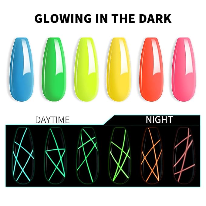RARJSM Gel Nail Art Polish, Glow In The Dark Gel Liner Art Set Luminous Painting Gelpolish For NailArt Fluorescent Bright Colors Hot Pink Neon Yellow Green Blue Orange Nail Kit For Christmas