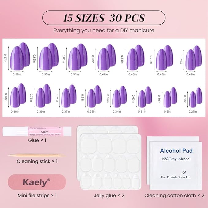 evpct Press on Nails Almond Short, Violet Purple Glitter Shimmer Shiny Short Almond Fake Nails for Women Gift, Soft Gel Press Stick on Nails with Nail Kit 30Pcs Reusable Acrylic Fake Nail Manicure Kit