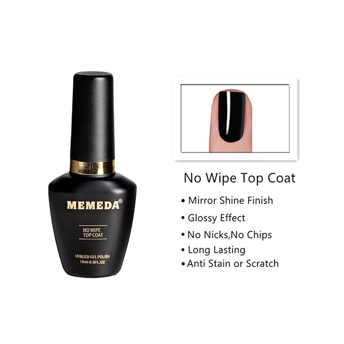 MEMEDA Gel Nail Polish Top Coat, 15ml No Wipe High Gloss Shiny Long Lasting Clear Top Gel for Acrylic Nails, Need U V/LED Lamp for Home DIY and Spring Nail Salon