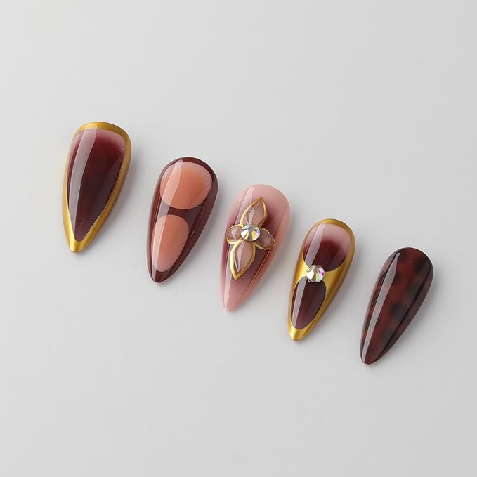 XZMeiLun 3D Brown Flowers Press On Nails Almond Short, 3D Pattern Designer Reusable Acrylic Nails Press Ons, Fake Nails With Glue On, Daily Wear Floral False Nails For Women