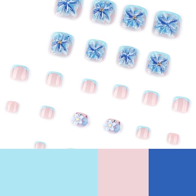 24pcs Summer Blue Press on Toenails 3D Flower Fake Toenails Press On Nails Short French Toe False Nails Flash Diamond Decor Feet Nail Art Short Square Summer Nail Tips for Women