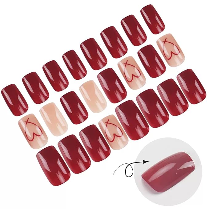 CTTHNBD Press on Nails Square - Short, Red Fake Nails with Heart Design - Solid Color Full Cover Stick on False Nails - for Women 24 Pcs