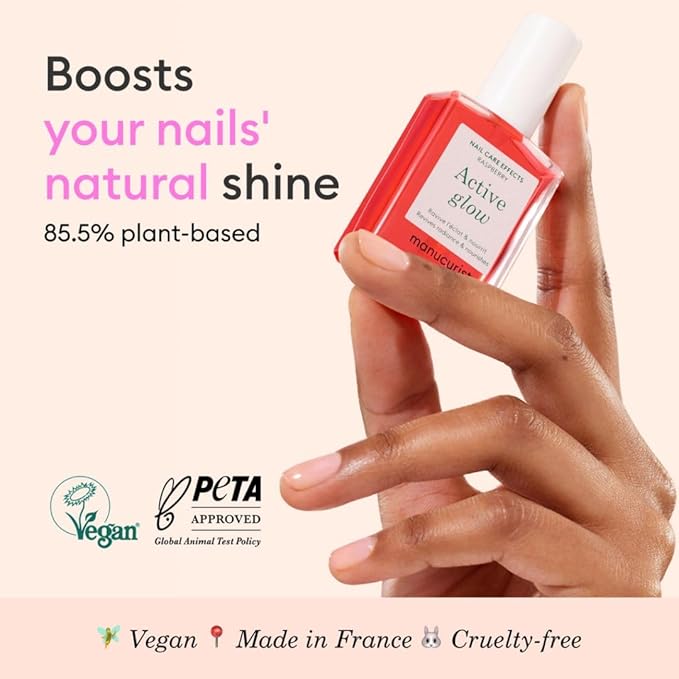 Manucurist Active Glow Raspberry Nail Polish & Care - Ultra-Glowy 2 in 1 Nail Concealer & Care - Plant-Based Ingredients: Sweet Almond Oil, Raspberry - Valentines Day Gifts for Women - Gifts for Her