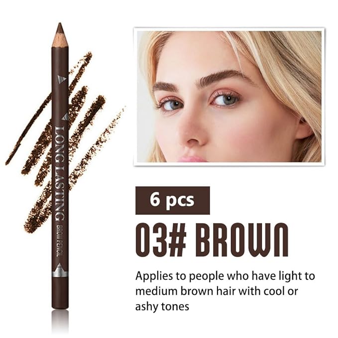 6Pcs Brow Pencil Set with Sharpener– Wooden Hard-Core Eyebrow Pencils, Perfect for Eye Brows & Eyeliner, Waterproof & Sweat-Proof for Beginner makeup (Black+3*Dark Brown+2*Brown, Pack of 6)