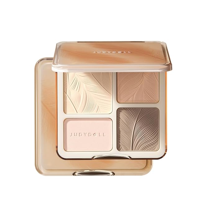 JUDYDOLL Highlight & Contour Palette, All-in-One Matte Highlighter Contour Compact, stocking stuffers, Blendable Makeup for Beginners, for All Skin Tones (05 Feather Glow Palette)