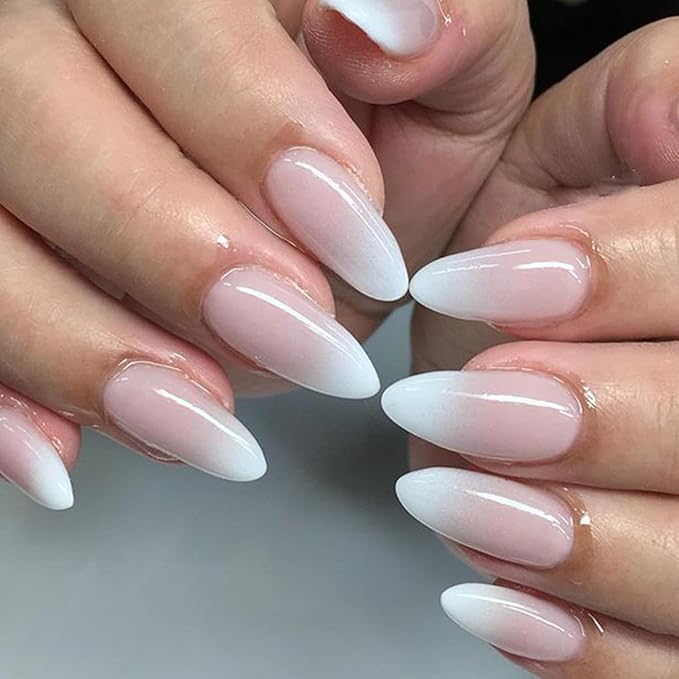 GLAMERMAID Press on Nails Medium Almond, Short Stiletto, Fake Nails Kit, with Glue, Ombre Pink White, French Tip, Brush, Crush, Easy Apply, Acrylic, Fake Nails, for Women, Reusable, Comfort-Fit