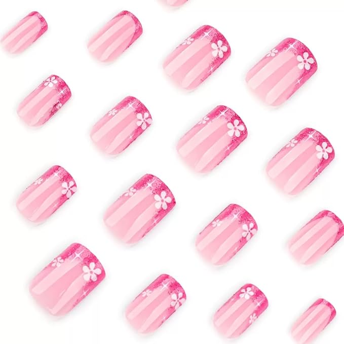 Short Press on Nails Square - Rose Red, French Tip Fake Nails with Flower Design - Glitter Glossy Full Cover Stick on False Nails - for Women 24 Pcs