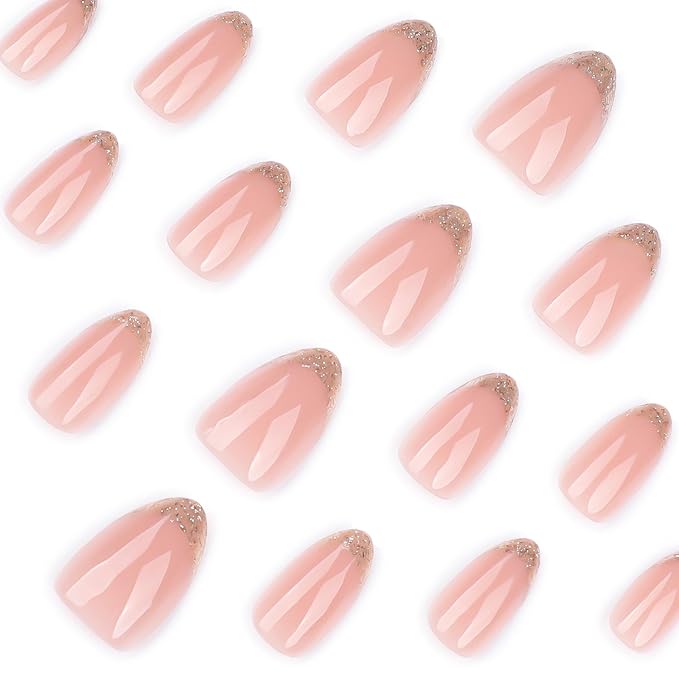 XZMeiLun Press On Nails Spring Acrylic Nails for Women - Gold French Glitter Designer Fake Nails Short Almond 24PCS, Glossy Soft Gel with Glue, Outdoor Picnic/Wedding/Party Reusable Stick On Nails