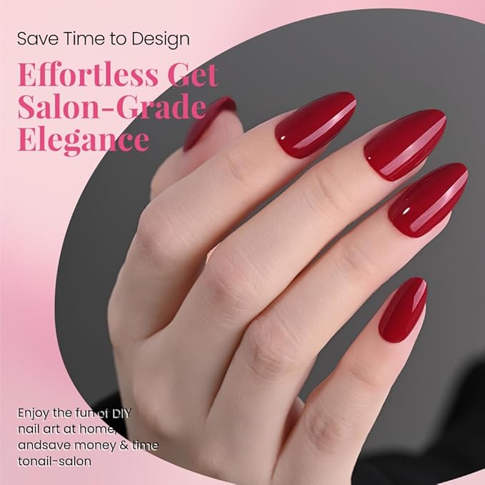 evpct Glossy Press on Nails Short Almond Short for Women, Dark Red Fake Nail with Kits Salon Quality Reusable Stick on Nails In 15 Sizes 30Pcs Full Cover False Nail Soft Gel Set Kit for Gift, 27