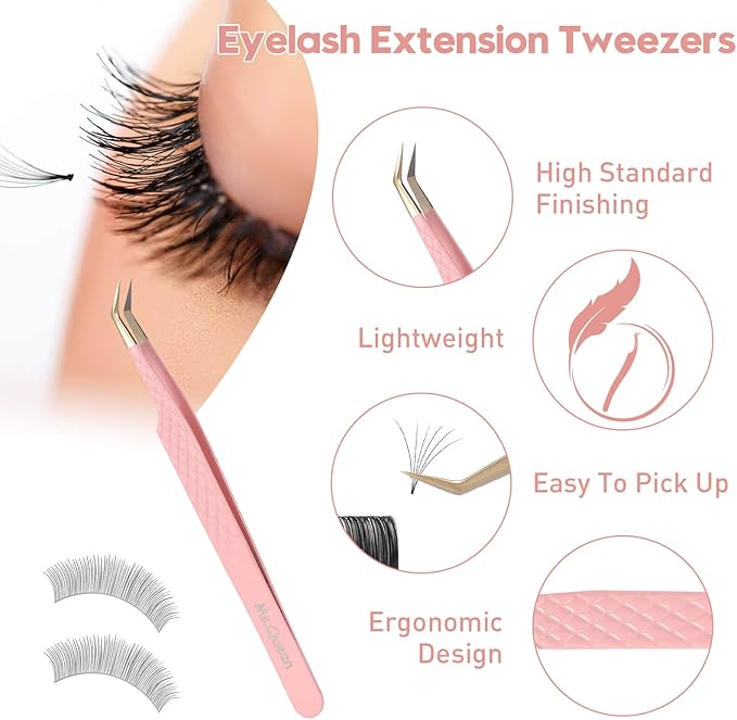 Ms.Queen Eyelash Extension Tweezers Set,Fiber Tip Volume Tweezers Curved 45 90 Degree Angled Tip Lash Tweezers for Mega Volume Mink Lashes