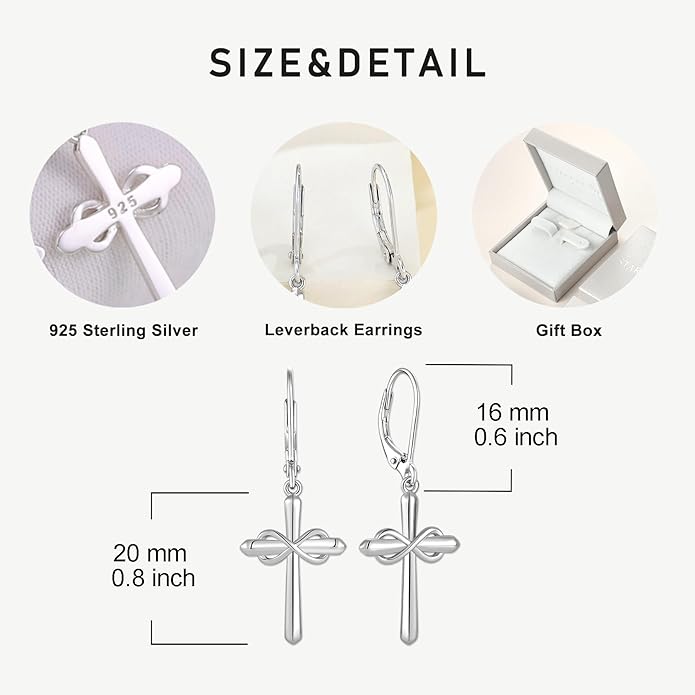 Starchenie Infinity Cross Earrings for Women 925 Sterling Silver Polished Cross Leverback Earring Crucifix Jewelry