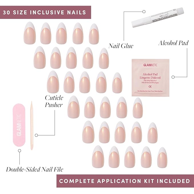 Glamnetic x GLAMZILLA Press On Nails - GIVE 'EM GRACE | Short Almond Fake French Tip Nails with Gold Glaze, Salon Quality, Everyday| 15 Sizes - 30 Nail Kit with Glue