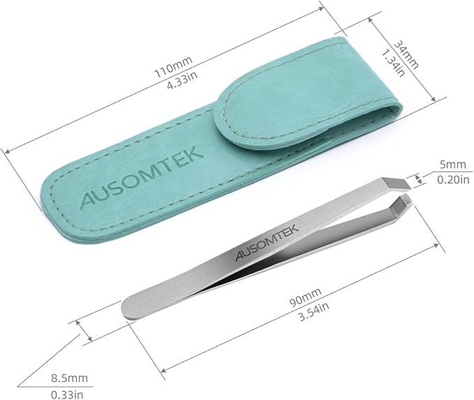 AUSOMTEK Beard Tweezers, White Hair Plucking, Fine Hair Removal, Eyebrows Shaping Tool, 5mm Tip, Stainless Steel, Cyan PU Case 1Pack