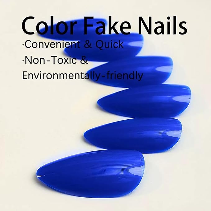 JONKASIPA Medium Almond Nails (Short) - Blue Pressed False Nails, Oval French Nails, Perfect Fit and Reusable Women's Nails, 12 Size Nail Set