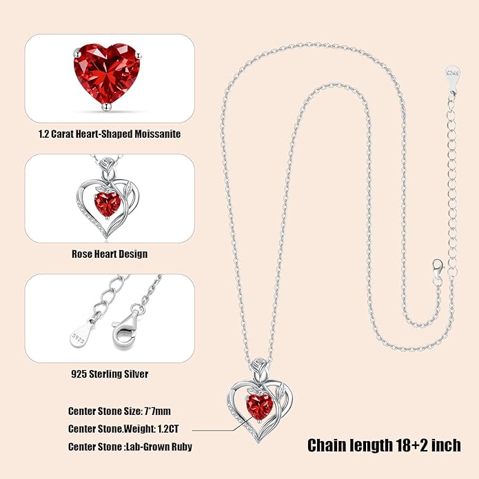 1.2CT Rose Heart Necklace Option of Moissanite or Lab-Grown Sapphire Ruby Emerald&More Necklace for Women Birthstone Girlfriend Necklace S925 Sterling Silver 18K White/Rose Gold Plated D Color VVS1 Gift for Wife Mother Daughter for Birthday Anniversary...
