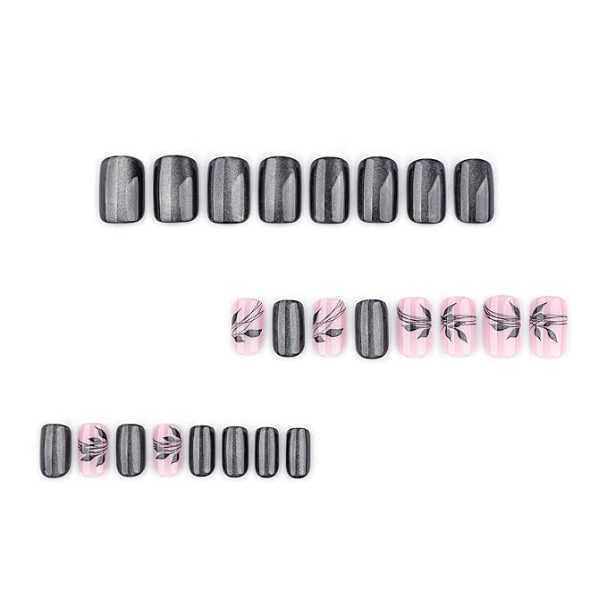Medium Press on Nails Square - Black Fake Nails with Leaf Design - Glitter Glossy Full Cover Stick on False Nails - for Women Fall Manicure 24 Pcs