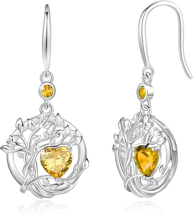 FANCIME Tree of Life Dangle Drop Earrings 925 Sterling Silver Dainty Round Gemstone Birthstone Earring Fine Jewelry Birthday Christmas Gifts for Her Women