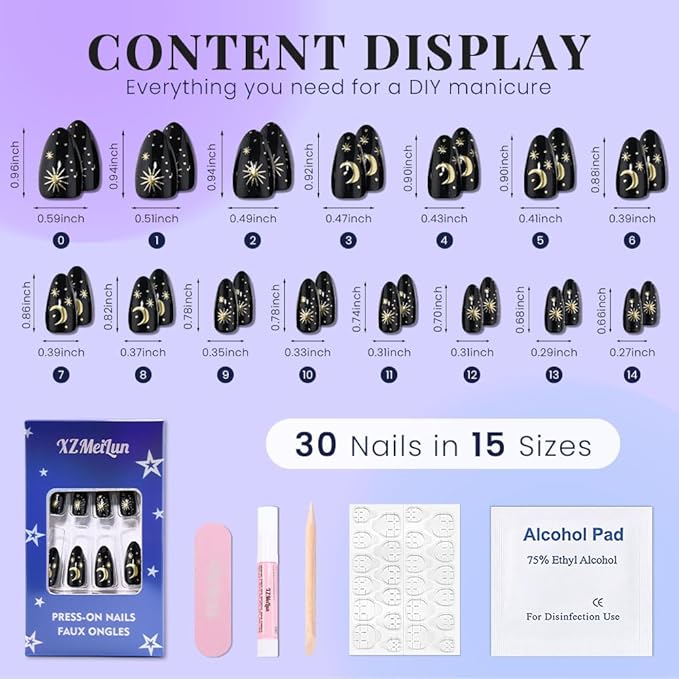 XZMeiLun Black Star Moon Press on Nails, Long Almond Acrylic Fake Nails Design, Natural Reusable Glue-On Nails Kit for Women DIY 3D False Nail Art Decoration Gift, Salon Quality Reusable 15/30 Psc