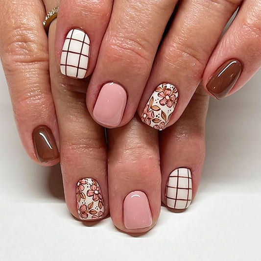XZMeiLun Press On Nails Spring Summer Acrylic Nails for Women - Lattice Flower Designer Fake Nails Short Square 24PCS, Outdoor Picnic/Wedding/Party Reusable Stick On Nails Gift
