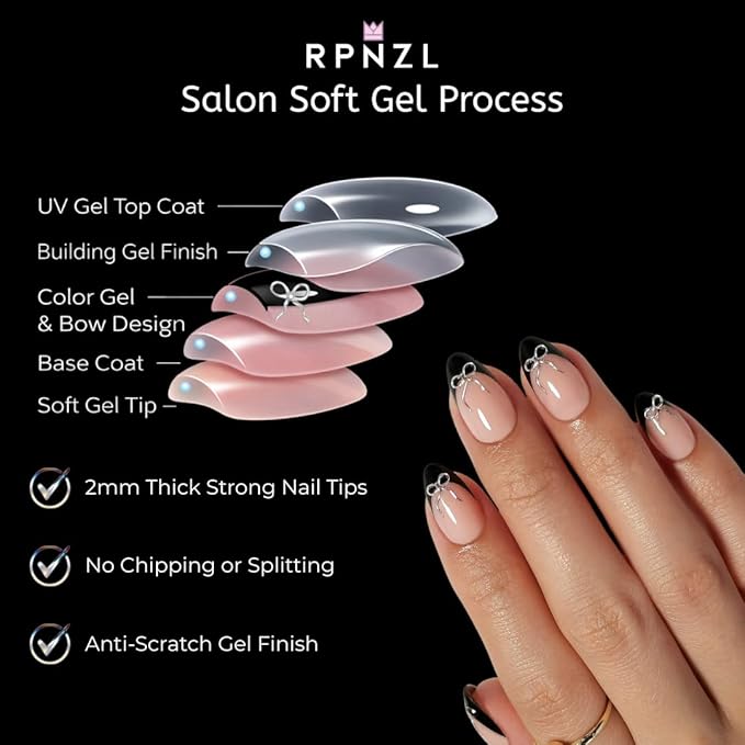 RPNZL Press On Nails - Black Tie | Black French Tip Press on Nails with 3D Bow Design - Soft Gel Almond Fake Nails I 32 Nails, 16 Sizes Kit with Glue and Adhesive Tabs I Female Founded
