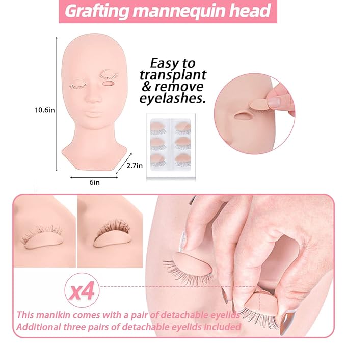 Lash Extension Kit Professional Eyelash Extensions Practice Set with Mannequin Head Removable Eyelids USB Lash Fan Individual False Eyelash Shampoo Brush Glue Practical Tools for Beginners