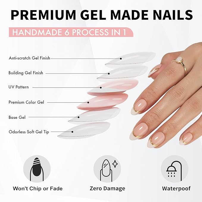 SHANGMENG White French Tip Press on Nails with Gold Line Design - Soft Gel Valentines Almond Nails Short for Women, Glossy Glue on Nails with Glue in 16 Sizes - 32 Reusable Fake Nails, Gold Ribbon