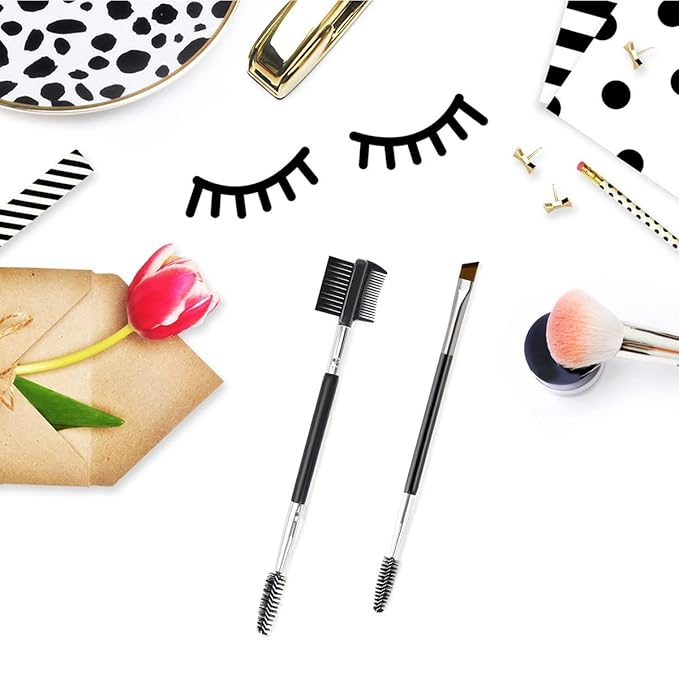 2PCS Professional Double-Ended Eyebrow and Eyelash Brush Set - Angled Eye Brow Brush, Spoolie, and 3 Head Eyelash Comb - Makeup Grooming Tool for Shaping Brows and Lashes