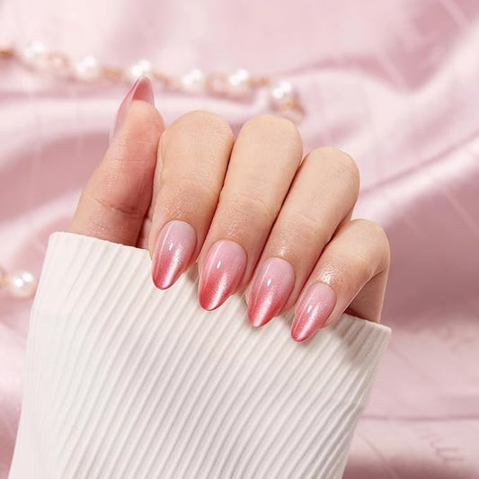 VSALON Press On Nails Short Almond, 32 Pcs 16 Sizes Red Cat Eye Press On Nails Ombre Fake Nails With UV Cure Nail Glue, Reusable Stick On Nails Sparkly False Nails Fall Gifts For Women