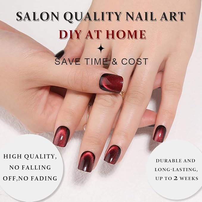 evpct Wine Red Cat Eye Extra Short Press on Nails Square, Petite Short Square Stick on Nails for Women Gift, Black Wine Red Metallic Glitter Glossy Reusable Gel Press on Acrylic Fake Nail with Designs