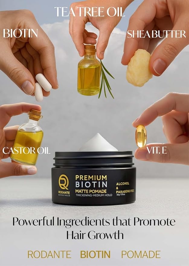 Rodante Beverly Hills Biotin Matte Cream Texture Paste Clay Pomade, Premium Thickening Cream Medium Hold & Anti Hair Loss and Hair Growth Support for Thinning Hair for Men 85 g / 3 oz