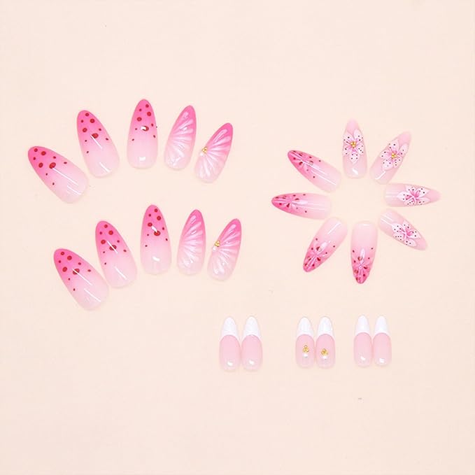 JONKASIPA 3D Pink Floral Embossed Nails Almond Shaped Floral French Fake Nails Spring Patch Nails Full Coverage Acrylic Nails For Women DIY Nail Art Supplies