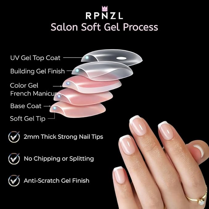 RPNZL Press On Nails - Frenchie Kiss | Classic French Manicure, UV Finish Square Nails, Reusable, Salon Quality | 32 Nails, 16 Sizes Kit with Glue and Adhesive Tabs