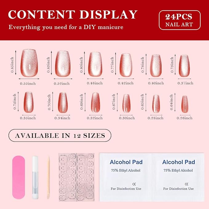 evpct Pink Cat Eye Coffin Press on Nails Square Medium, Medium Square Stick on Nails for Women Gift, Warm Pink Metallic Glitter Glossy Reusable Spring Summer Gel Press on Acrylic Fake Nail with Design