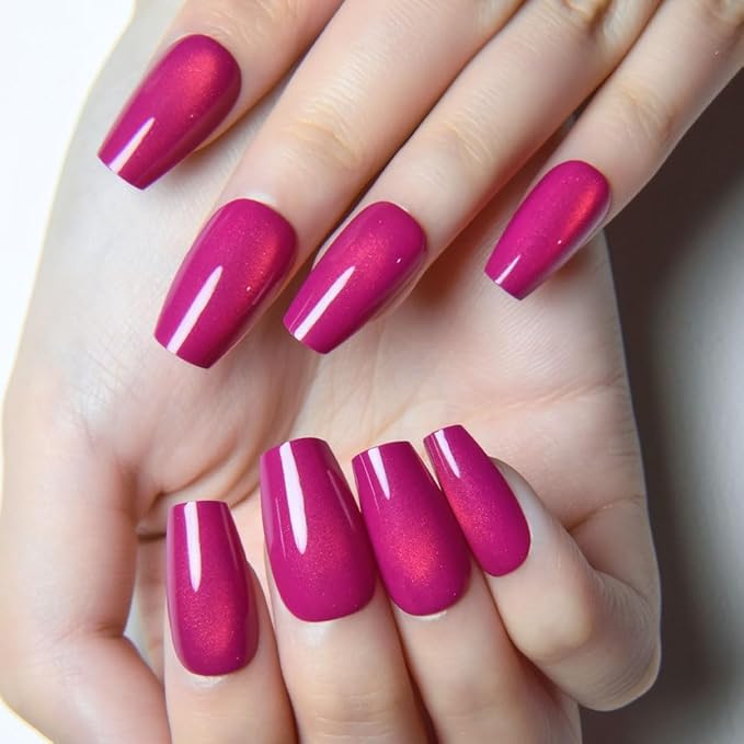 evpct Purple Red Cat Eye Coffin Press on Nails Square Medium, Medium Square Stick on Nail for Women, Purple Red Metallic Glitter Glossy Reusable Summer Soft Gel Press on Acrylic Fake Nail with Designs
