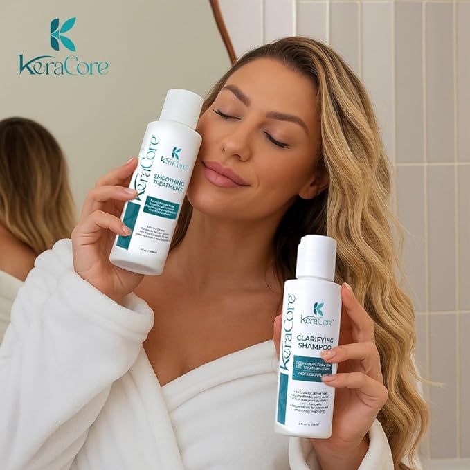 KeraCore Keratin Hair Treatment Kit 4 oz – Formaldehyde-Free Smoothing System with Clarifying Shampoo for Long-Lasting Frizz Control, Shine Boost & Salon-Smooth Finish at Home