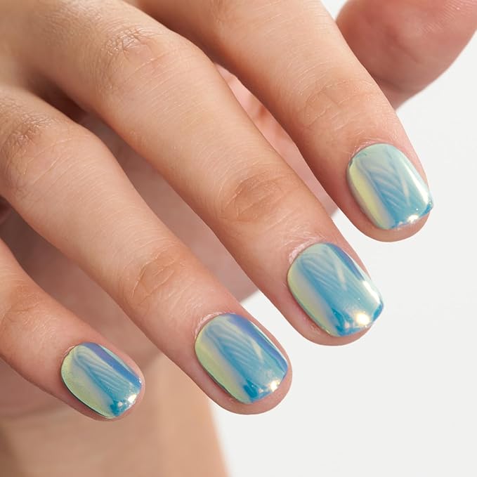 GLAMERMAID Light Blue Chrome Extra Short Press on Nails, Glazed Handmade Pure Blue Fake Nails Short Squoval, Mirror Powder Square Glue on Nails, Acrylic False Nails, Glossy Round Fake Nails for Women