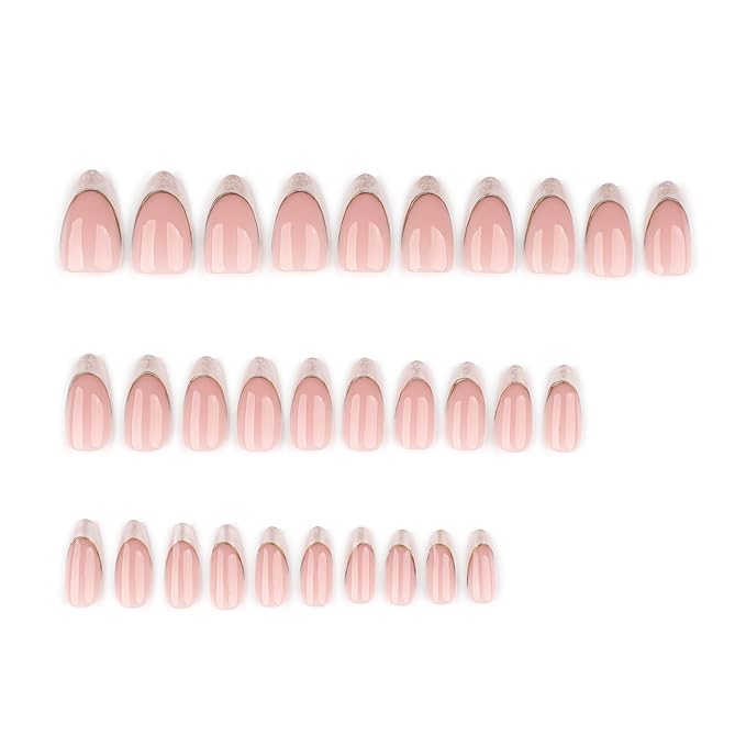 XZMeiLun Gold Line Grey French Tip Press On Nails Almond Short, French Tips Designer Reusable Acrylic Nails Press Ons, Fake Nails With Glue On, Daily Wear Floral False Nails For Women