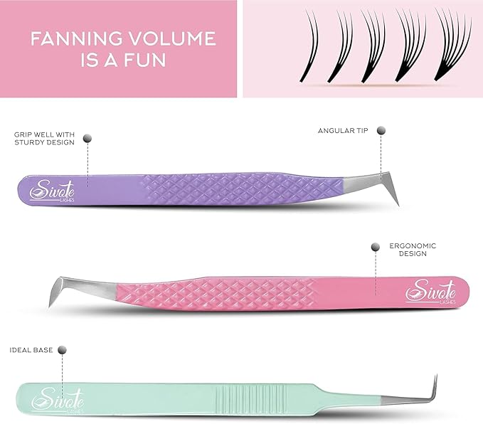 SIVOTE Lash Tweezers for Eyelash Extensions, Set of 6 - Volume, Volume Boot, Slim 90 Degree Tweezers with Fiber Tips in Pastel Colors, Ideal for Mega, Volume & Russian Lashes - Includes Leather Pouch